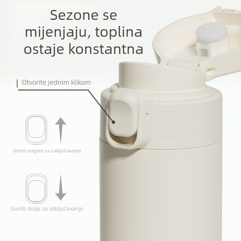 Termos šalica s poklopcem koji se odskakuje; unutarnji dio od 304 nehrđajućeg čelika; vanjski dio od 201 nehrđajućeg čelika; izolacija 6–12 sati; prilagodljivo graviranje laserom ili sitotiskom