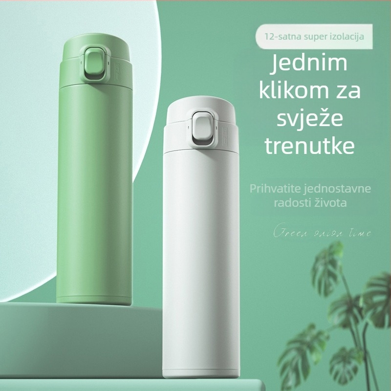 Termos šalica s poklopcem koji se odskakuje; unutarnji dio od 304 nehrđajućeg čelika; vanjski dio od 201 nehrđajućeg čelika; izolacija 6–12 sati; prilagodljivo graviranje laserom ili sitotiskom