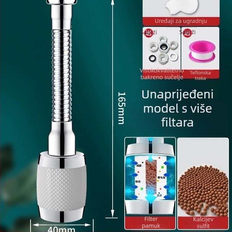 Kuhinjska slavina – univerzalni produžni nastavak s okretivnim spojem, filtrom i zaštitom od prskanja; aluminijska legura; model 1; moderan minimalistički dizajn