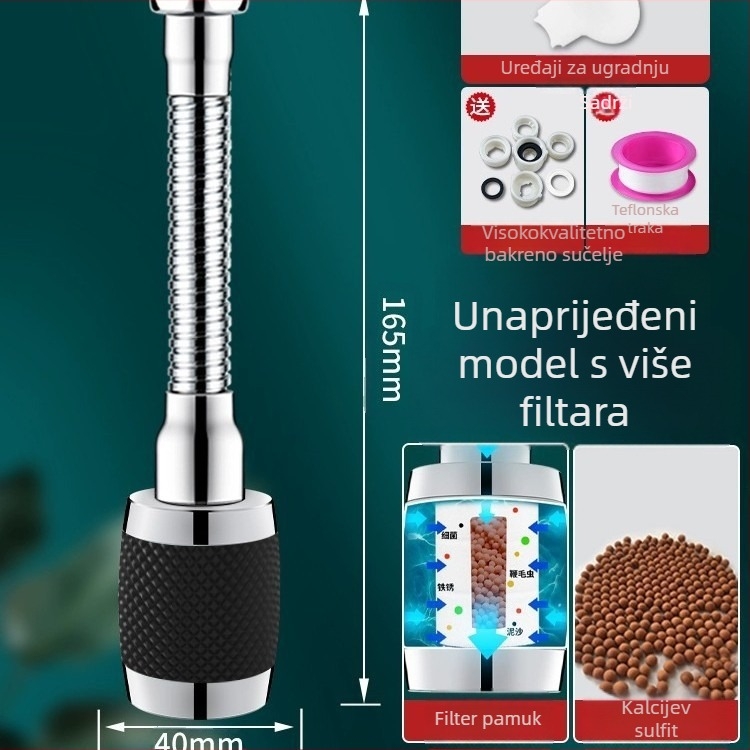 Kuhinjska slavina – univerzalni produžni nastavak s okretivnim spojem, filtrom i zaštitom od prskanja; aluminijska legura; model 1; moderan minimalistički dizajn