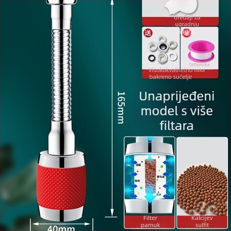 Kuhinjska slavina – univerzalni produžni nastavak s okretivnim spojem, filtrom i zaštitom od prskanja; aluminijska legura; model 1; moderan minimalistički dizajn