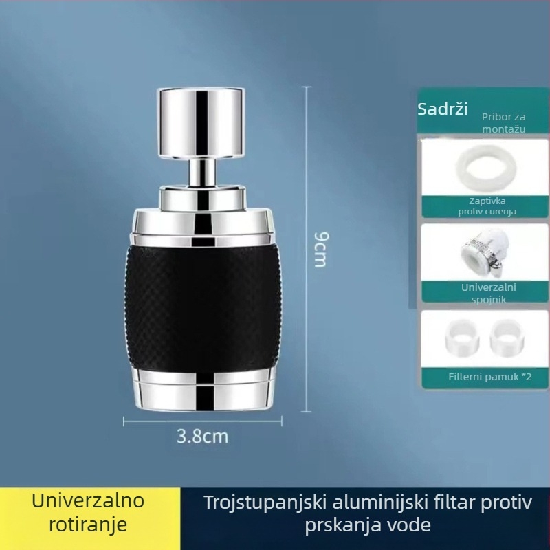 Kuhinjska slavina – univerzalni produžni nastavak s okretivnim spojem, filtrom i zaštitom od prskanja; aluminijska legura; model 1; moderan minimalistički dizajn