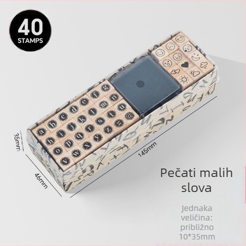 Drveni set otisaka za DIY dnevnik – 40 komada, 8 dizajna, otisci slova i brojeva