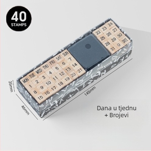 Drveni set otisaka za DIY dnevnik – 40 komada, 8 dizajna, otisci slova i brojeva