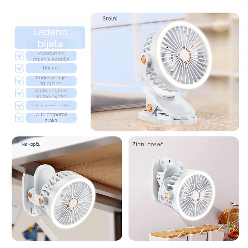 Prijenosni clip ventilator s USB punjenjem, mini tihi stolni ventilator za ured i ljeto