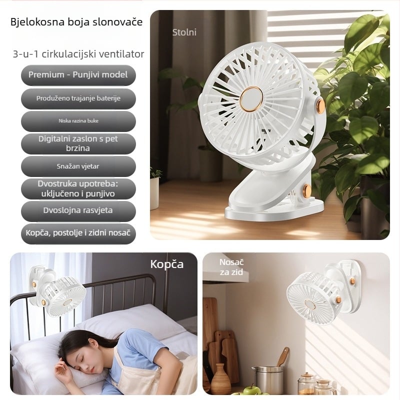 Prijenosni clip ventilator s USB punjenjem, mini tihi stolni ventilator za ured i ljeto