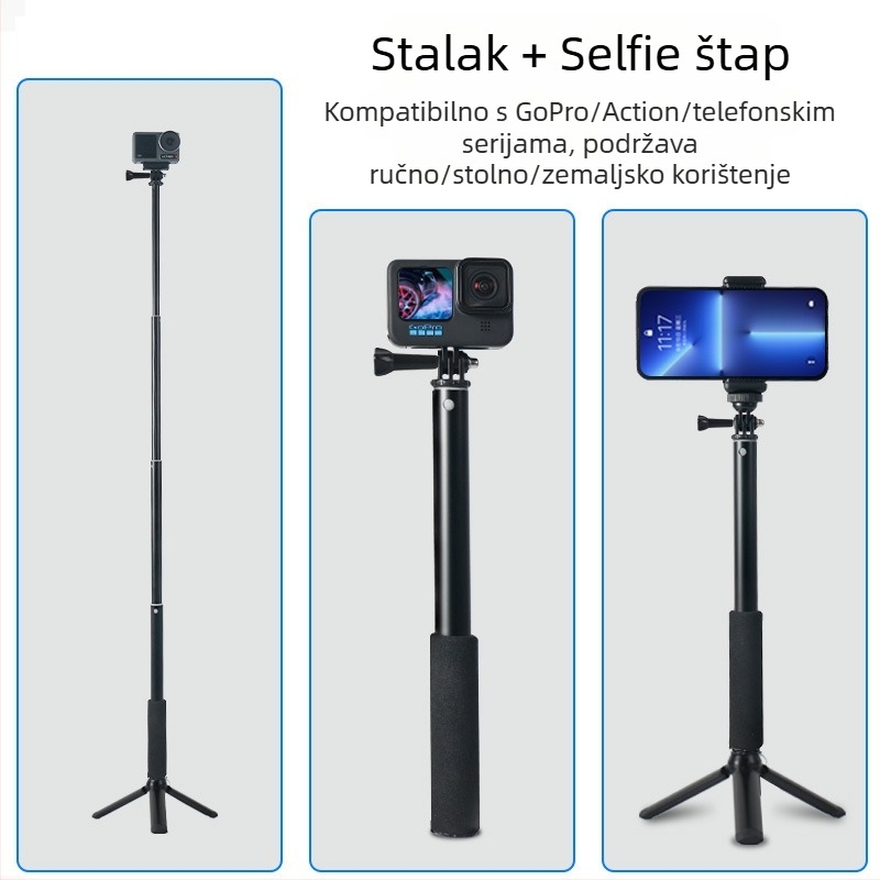 Selfie štap za akcijske kamere s aluminijskim zliatinama, teleskopsko proširenje, 3-osni gimbal, petsegmentni dizajn, nosivost do 2 kg