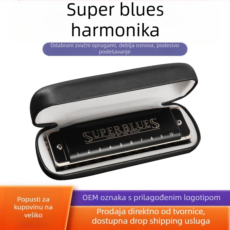 Harmonika JDR1020, 10 rupa, 20 tonova, blues harmonika s nehrđajućim čeličnim poklopcem i zvučnim otvorima od smole