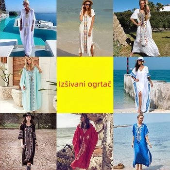 Duga plažna haljina-robe s izvezenim rayonom; podstava: rayon, 100% pamuk; stil: plažno odijevanje; za žene 18–24 godine