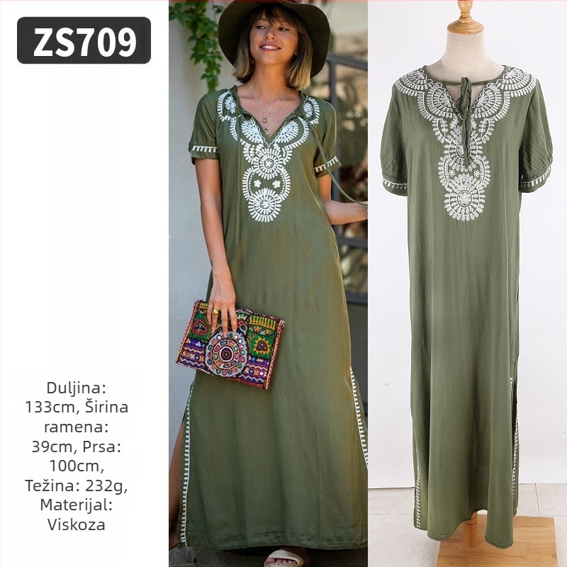 Duga plažna haljina-robe s izvezenim rayonom; podstava: rayon, 100% pamuk; stil: plažno odijevanje; za žene 18–24 godine
