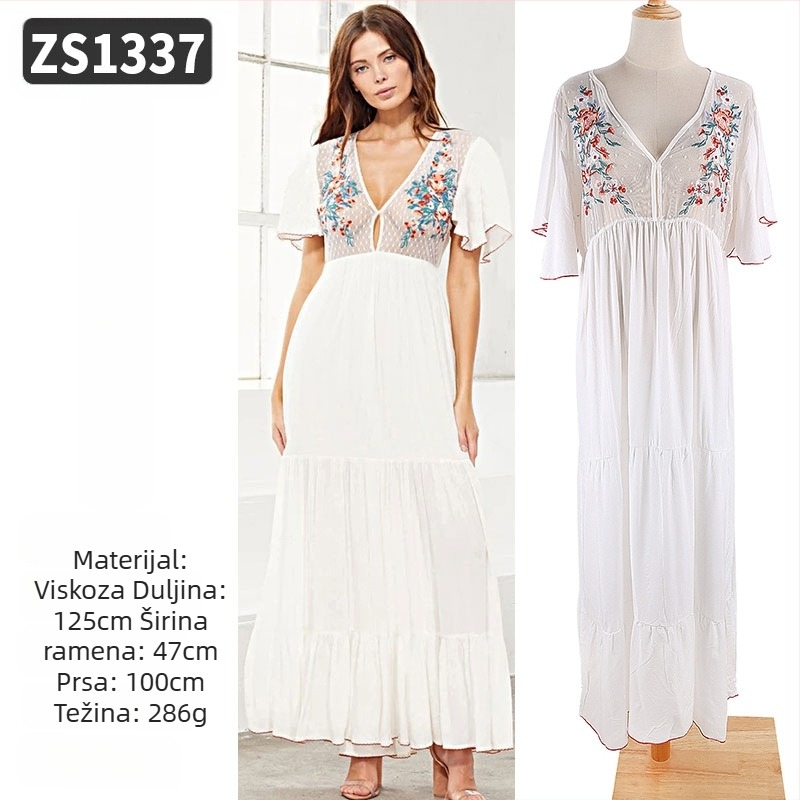 Duga plažna haljina-robe s izvezenim rayonom; podstava: rayon, 100% pamuk; stil: plažno odijevanje; za žene 18–24 godine