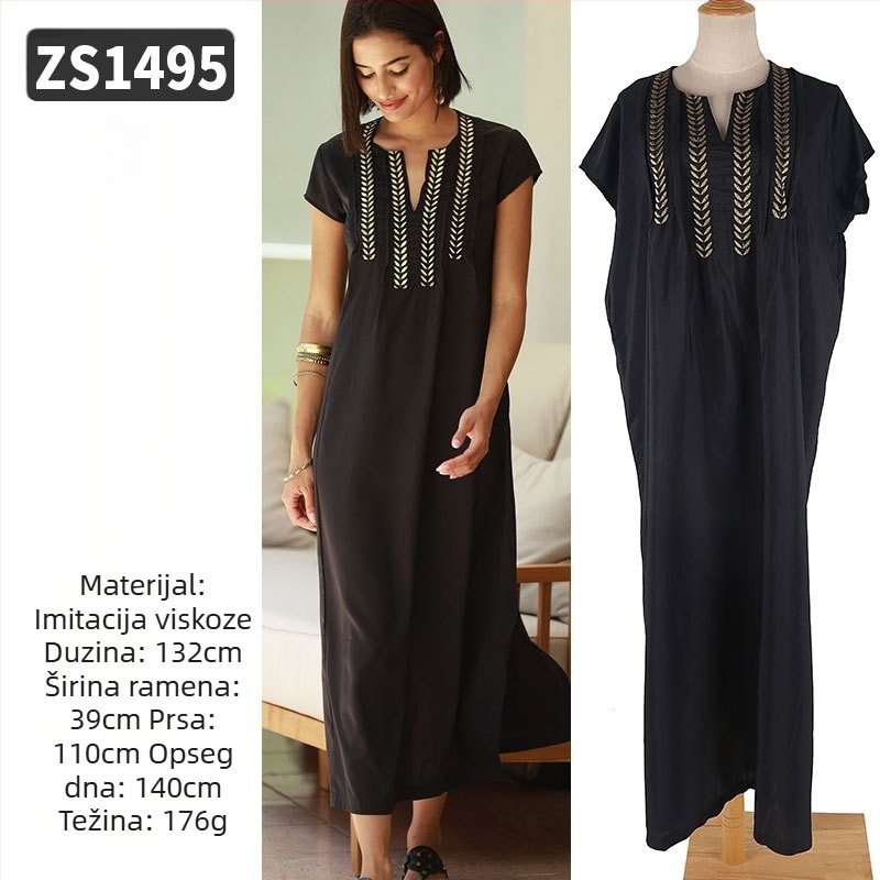 Duga plažna haljina-robe s izvezenim rayonom; podstava: rayon, 100% pamuk; stil: plažno odijevanje; za žene 18–24 godine