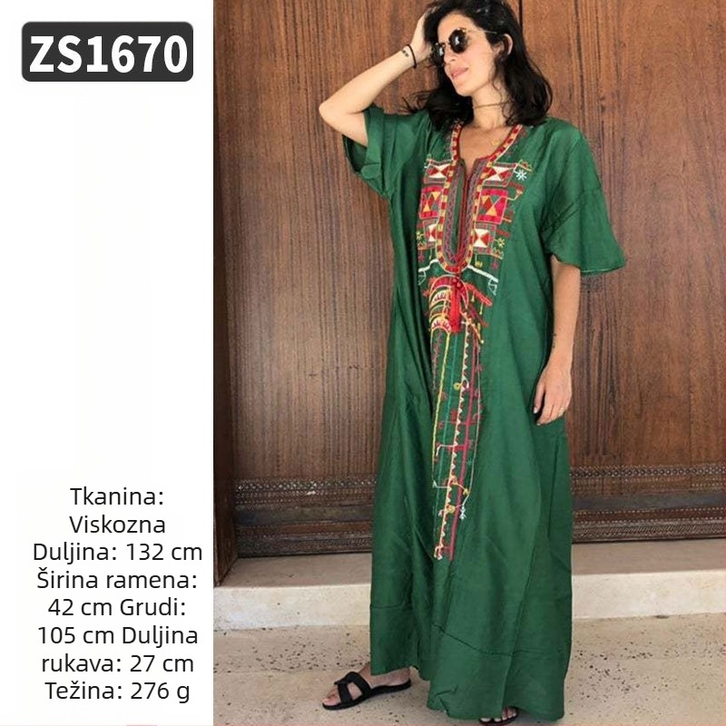 Duga plažna haljina-robe s izvezenim rayonom; podstava: rayon, 100% pamuk; stil: plažno odijevanje; za žene 18–24 godine