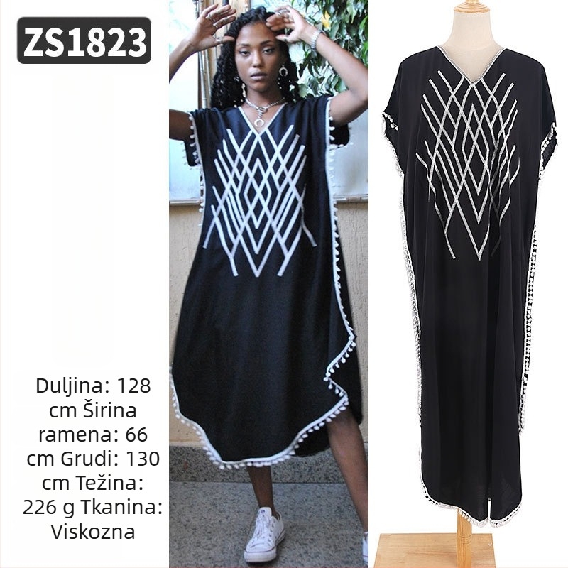 Duga plažna haljina-robe s izvezenim rayonom; podstava: rayon, 100% pamuk; stil: plažno odijevanje; za žene 18–24 godine