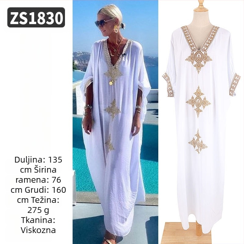 Duga plažna haljina-robe s izvezenim rayonom; podstava: rayon, 100% pamuk; stil: plažno odijevanje; za žene 18–24 godine