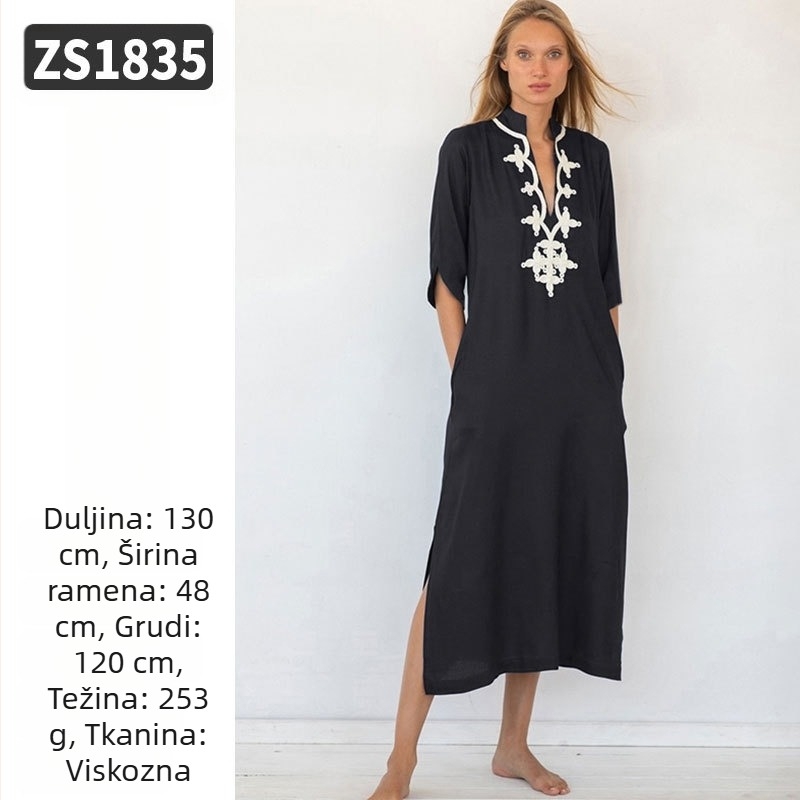 Duga plažna haljina-robe s izvezenim rayonom; podstava: rayon, 100% pamuk; stil: plažno odijevanje; za žene 18–24 godine