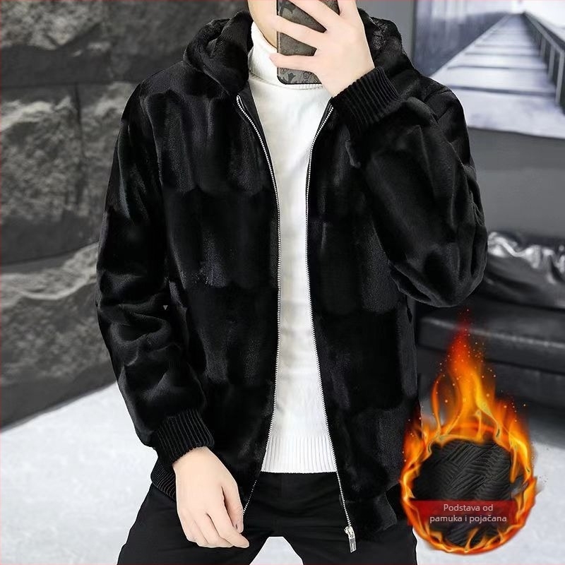 Muško palto od umjetnog krzna s jacquard uzorkom životinjskog dizajna, rever, prednji zatvarač, slobodan kroj