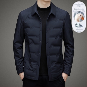 Lagana jakna od perja s bijelim gusjim puhom, 700 punjenja, ovratnik s reverom, bez kapulje, jednodijelno zatvaranje, za muškarce srednje dobi, zima 2024