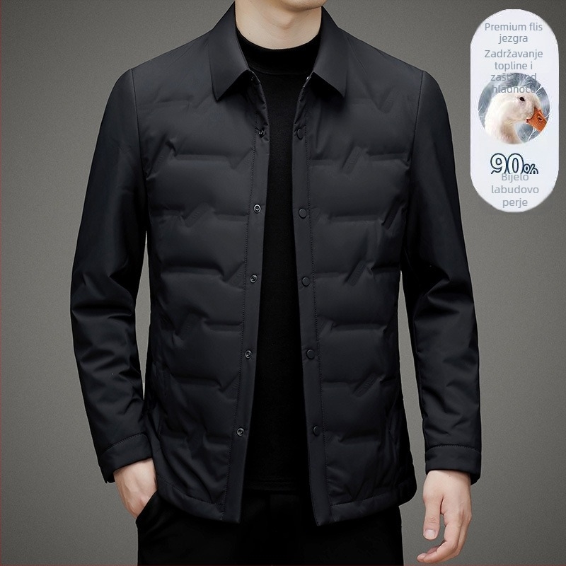 Lagana jakna od perja s bijelim gusjim puhom, 700 punjenja, ovratnik s reverom, bez kapulje, jednodijelno zatvaranje, za muškarce srednje dobi, zima 2024