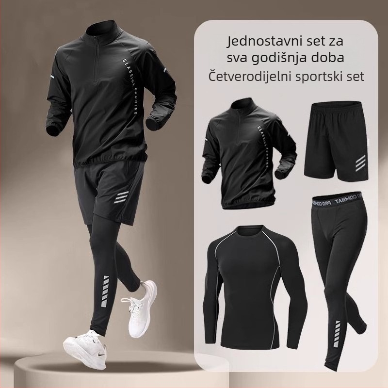 Muški brzosušni sportski set za trčanje i vožnju biciklom, polu-zip, stojeći ovratnik, dugi rukav, poliester 91–95%