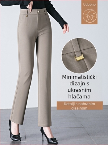 Ženske casual hlače ravnih krojeva od brokat-pamuka s najlonom i viskozom, visok pojas, visoka elastičnost, jesen 2025