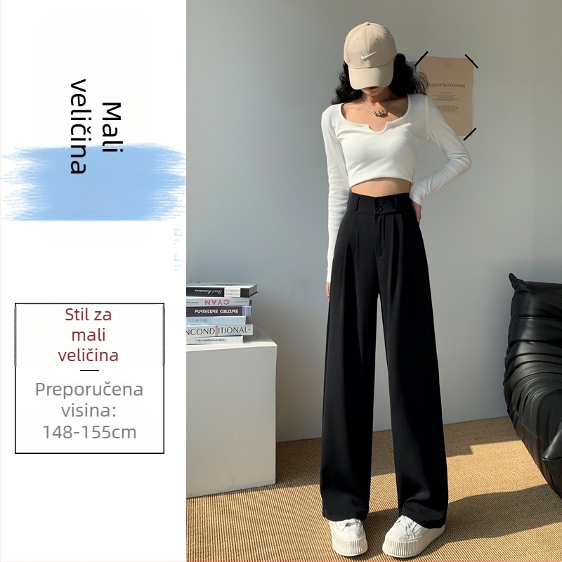 Ženske široke hlače s visokim strukom, do poda, s dvostrukim gumbom, casual hlače za kostim, mikro-elastični spandex 90–95%
