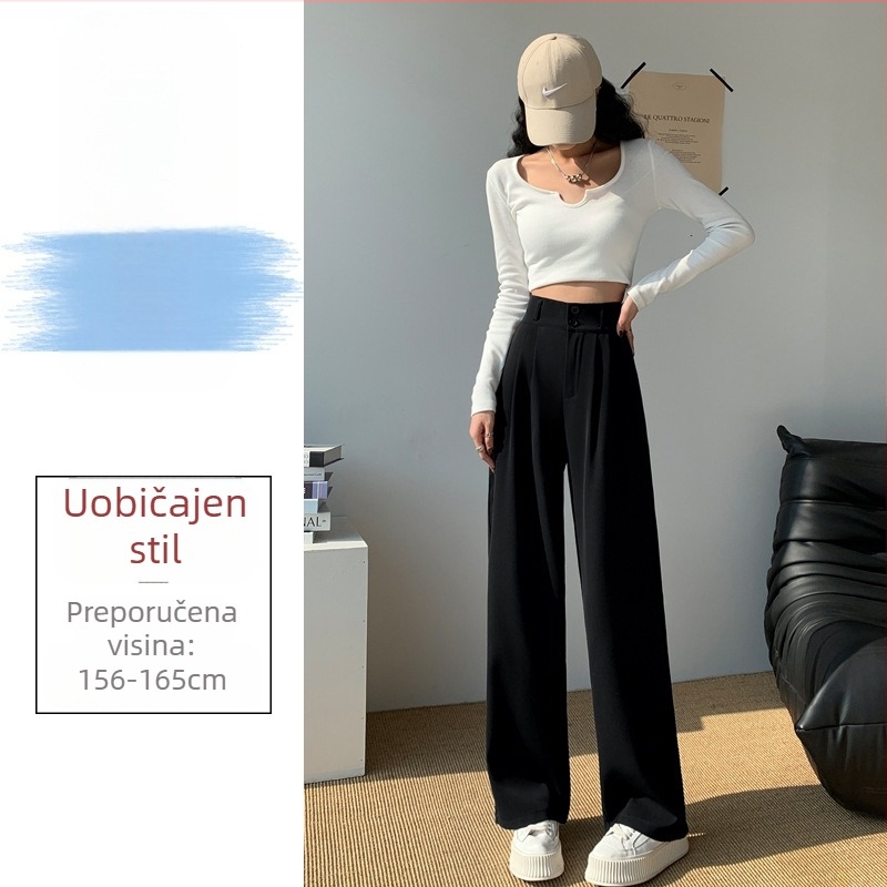 Ženske široke hlače s visokim strukom, do poda, s dvostrukim gumbom, casual hlače za kostim, mikro-elastični spandex 90–95%