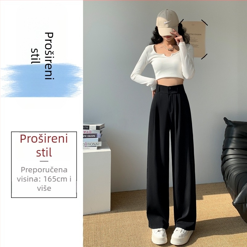 Ženske široke hlače s visokim strukom, do poda, s dvostrukim gumbom, casual hlače za kostim, mikro-elastični spandex 90–95%