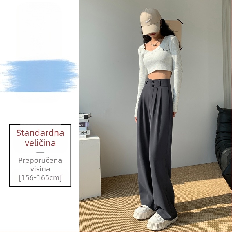 Ženske široke hlače s visokim strukom, do poda, s dvostrukim gumbom, casual hlače za kostim, mikro-elastični spandex 90–95%
