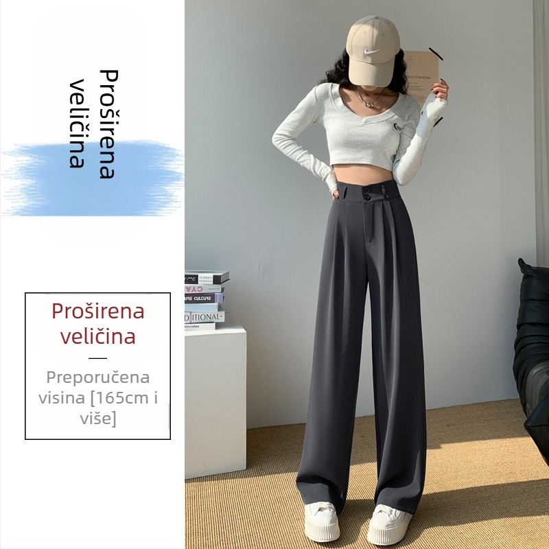 Ženske široke hlače s visokim strukom, do poda, s dvostrukim gumbom, casual hlače za kostim, mikro-elastični spandex 90–95%