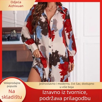 Košulja s floralnim uzorkom, duge rukave, prednji dio s kopčama, ovratnik košulni, udoban kroj, mješavina poliester-elastan, srednja duljina