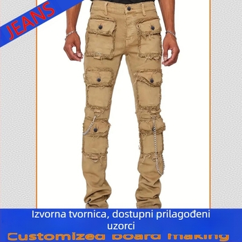 Traperice od pamuka denima s hip-hop stilom, uski kroj, niski struk, zatvarač sprijeda