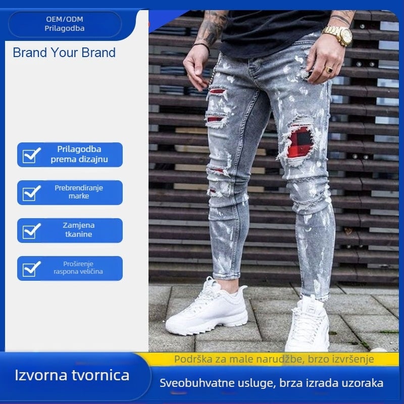 Traperice od pamuka denima s hip-hop stilom, uski kroj, niski struk, zatvarač sprijeda