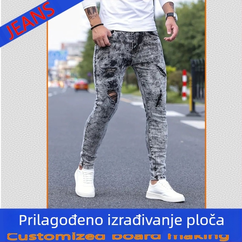 Traperice od pamuka denima s hip-hop stilom, uski kroj, niski struk, zatvarač sprijeda