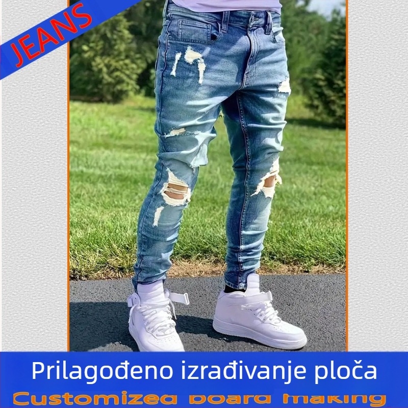 Traperice od pamuka denima s hip-hop stilom, uski kroj, niski struk, zatvarač sprijeda