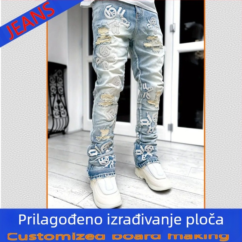 Traperice od pamuka denima s hip-hop stilom, uski kroj, niski struk, zatvarač sprijeda