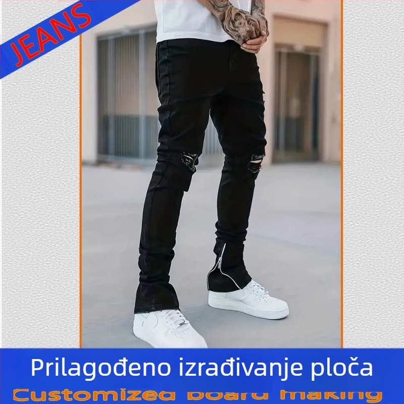 Traperice od pamuka denima s hip-hop stilom, uski kroj, niski struk, zatvarač sprijeda
