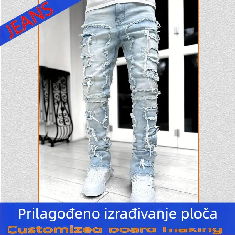 Traperice od pamuka denima s hip-hop stilom, uski kroj, niski struk, zatvarač sprijeda