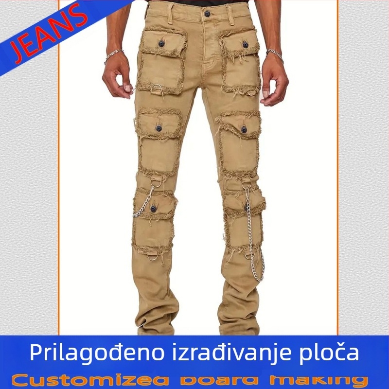 Traperice od pamuka denima s hip-hop stilom, uski kroj, niski struk, zatvarač sprijeda