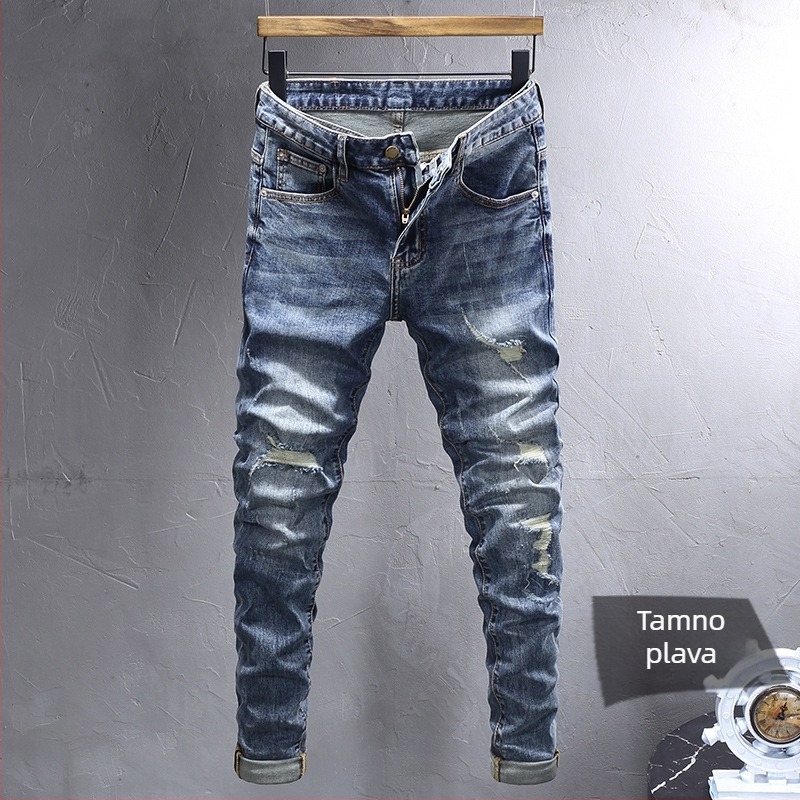 Muške traperice u korejskom stilu, uski kroj, distresirani efekt, mikroelastičnost, pet džepova, zip zatvarač, srednja visina struka, denim