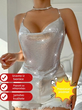 Tube top s metalnim lancem i štrasom, otvorena leđa, 3D uzorak, asimetričan dizajn, odvojive halter trake