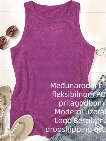 Ženski bezrukavni T-shirt s okruglim izrezom, pull-on stil, poliestersko- rayon mješavina, otisak teksta/logotipa, srednja duljina