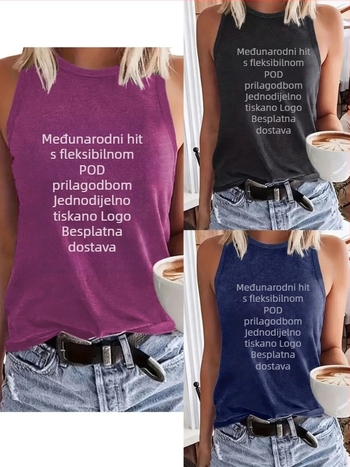 Ženski bezrukavni T-shirt s okruglim izrezom, pull-on stil, poliestersko- rayon mješavina, otisak teksta/logotipa, srednja duljina
