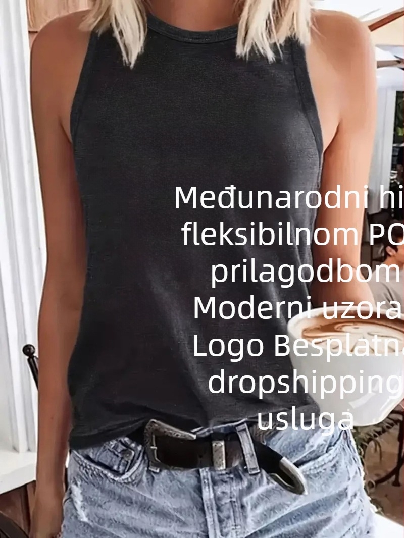 Ženski bezrukavni T-shirt s okruglim izrezom, pull-on stil, poliestersko- rayon mješavina, otisak teksta/logotipa, srednja duljina