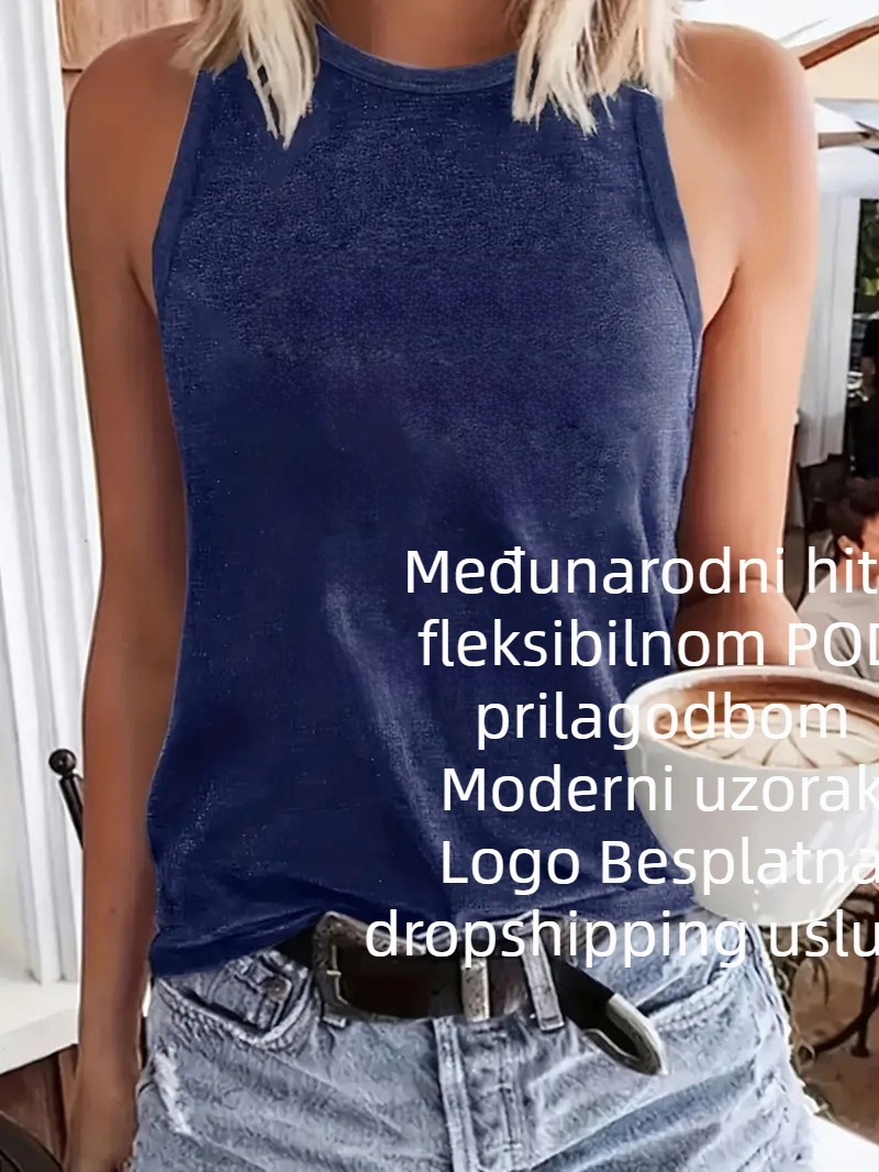 Ženski bezrukavni T-shirt s okruglim izrezom, pull-on stil, poliestersko- rayon mješavina, otisak teksta/logotipa, srednja duljina