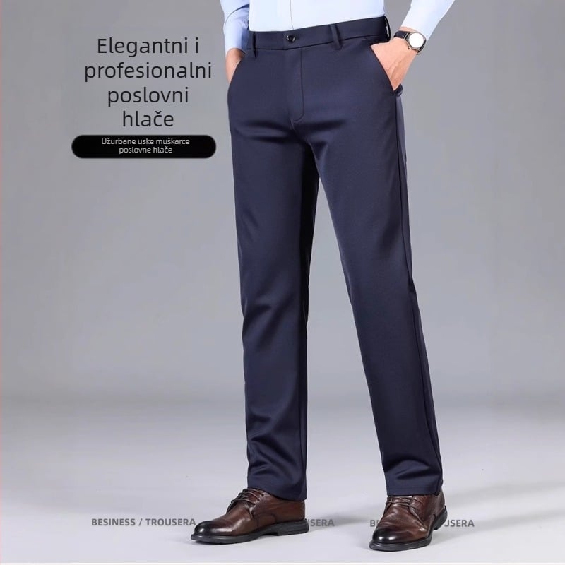 Muške hlače visoke elastičnosti, ravnog kroja, poslovni formal stil, bez glačanja, dekorativni zip