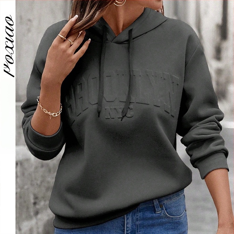 Ženski hoodie s kapuljačom, japansko-korejski ležerni stil, poliester 95%+, dugi rukavi, zimska sezona 2024