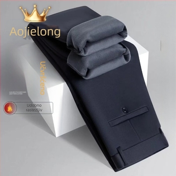 Orgeron zimske muške poslovne hlače visoke elastičnosti, ravni kroj, s remenom