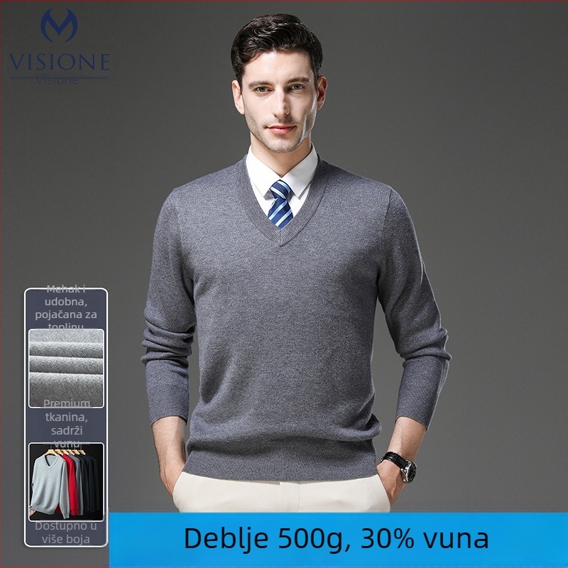 Muški vuneni džemper s V-izrezom, debeli pleteni, postotak vune 30–35% s akrilom, uski kroj, srednja duljina 65–80 cm