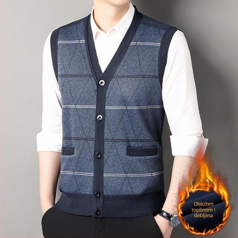 Muška kardiganska vest s prugastim uzorkom, slobodan kroj, viskozna tkanina, fleece podstava